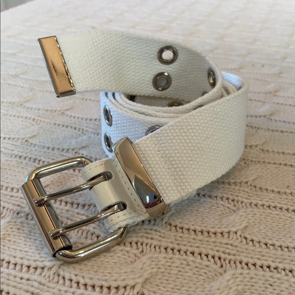 36-42” white belt. Cotton woven metal grommets moto biker motorcycle silver tone - Picture 8 of 9